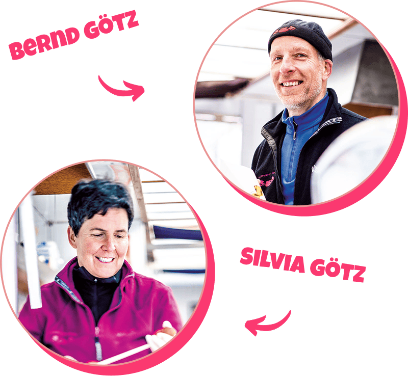 Porträts von Bernd und Silvia Götz mit pinker Umrahmung und Namen